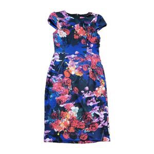 Betsey Johnson Blue Floral Print Cap Sleeve Sheath Dress Size 4 Career Cocktail